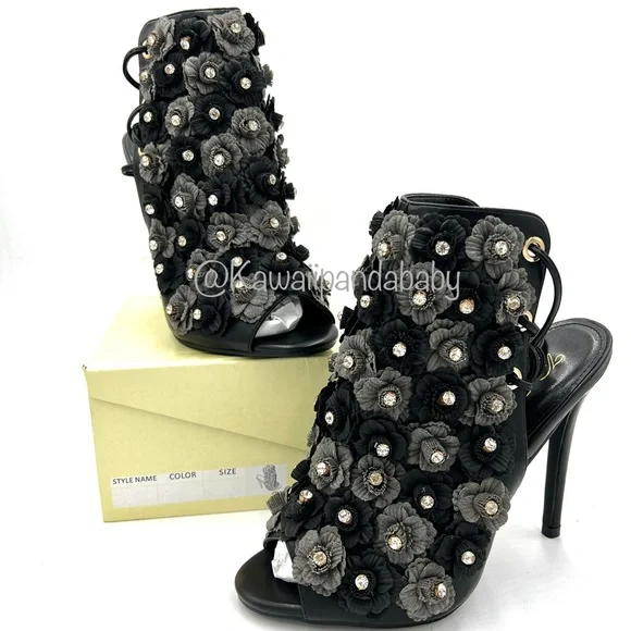 AKIRA Shoes New Vigo Fiore Black Grey Faux Leather Rhinestone
